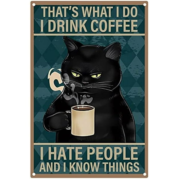 1pc Black Cat Metal Tin Signs Funny Cat Drink Coffee Pattern Wall Art Decor Vintage Plaques Print Poster Sign