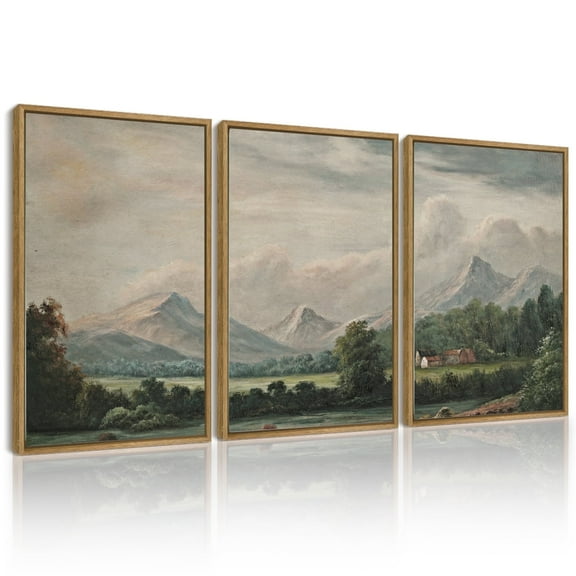 Drsoum Landscape Wall Art Vintage Classical Village Painting Grassland Mountains Farmhouse Prints Room Decor 11x14in3pcs Natural Framed