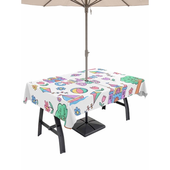 Outdoor Tablecloth with Umbrella Hole for Patio/Picnic/Party/Camping, Children's Day Waterproof Table Cloth Rectangle Table Cover Washable, Airplanes Sailing Boats Tree Cartoon School (52"x 70")