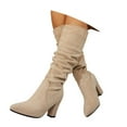 thumbnail image 3 of Wovix Womens Winter Slouchy Keen-High Boots Faux Suede Slip on Chunky Block Pointed Toe Trendy Boots For Ladies Wedding Party Beige 39, 3 of 6