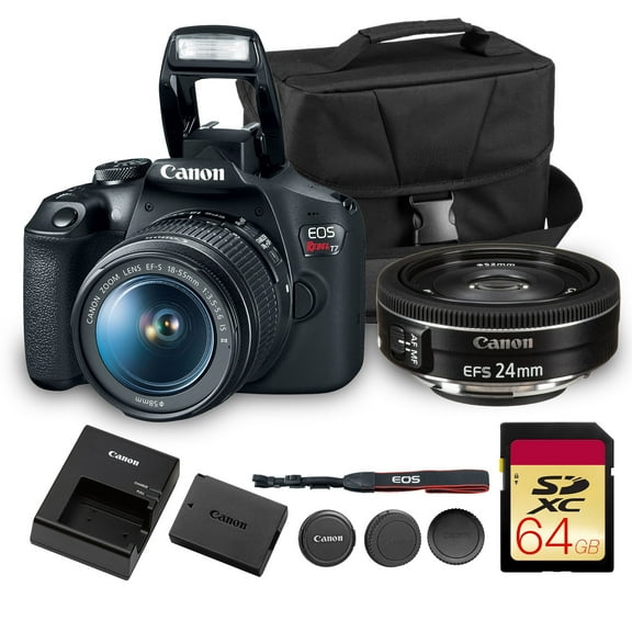 Canon EOS Rebel T7 DSLR Camera Kit | 24.1MP APS-C Sensor with EF-S 18-55mm Lens | Full HD 1080p Video Compact Beginner-Friendly Photography (2727C002)   Canon EF-S 24mm Lens   Bag   64GB Card