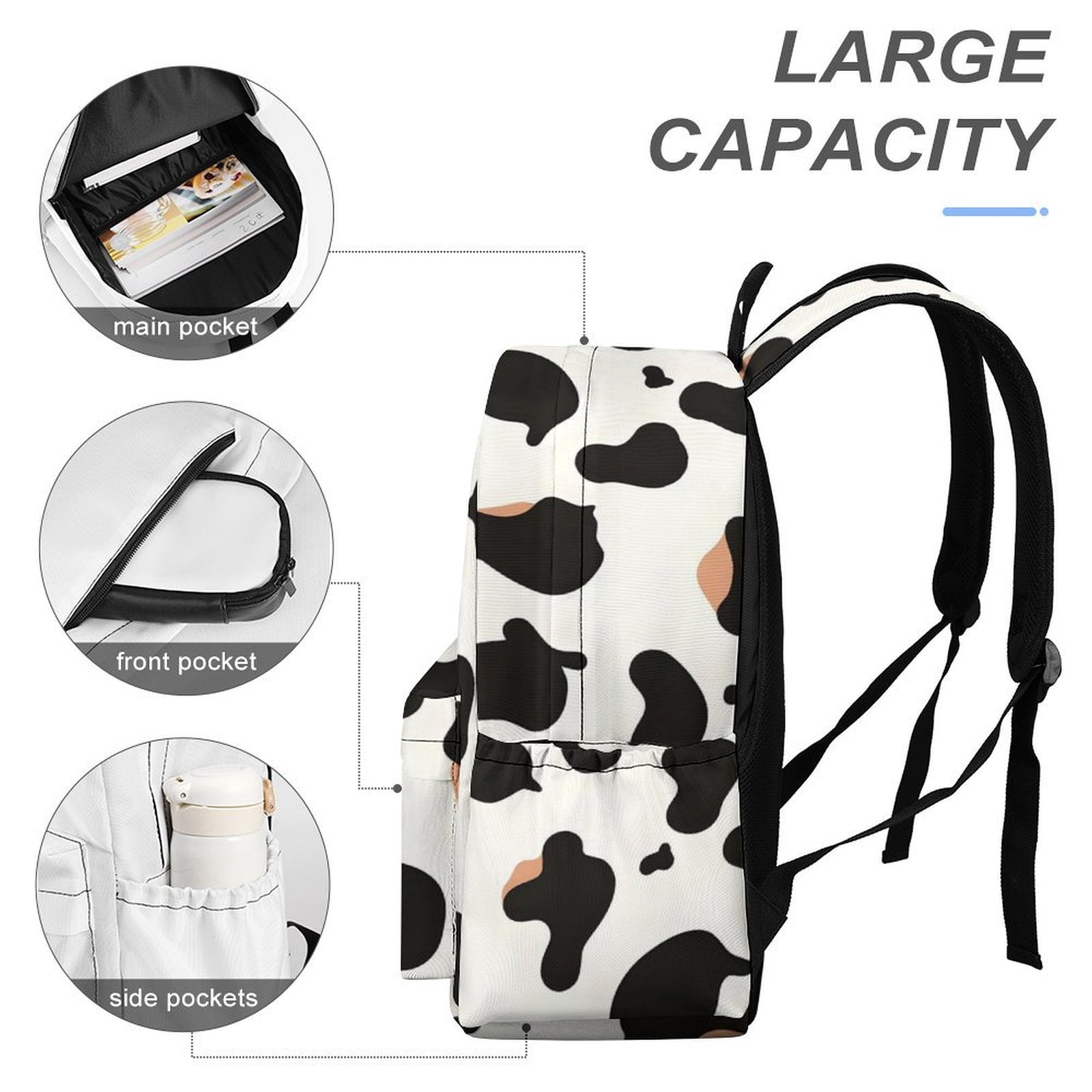 Large Capacity Half Print Backpack 11.8×16.5×5.9in Multifunctional Zipper Design Convenient Switch Simple Cow Print Pattern1_1