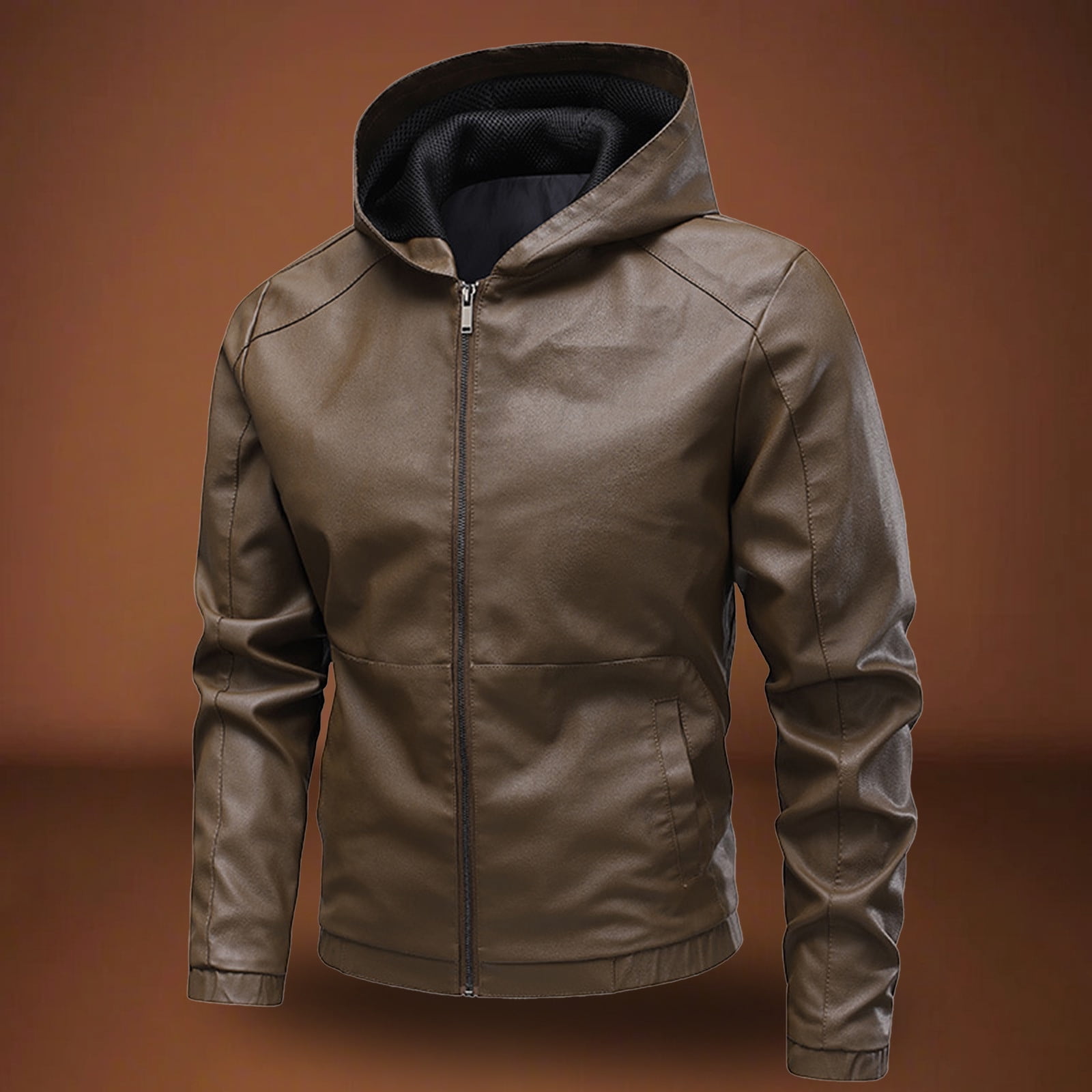 HOOMEUMY Men's Hooded Leather Jacket Long Sleeve Full Zip Leather Jackets Casual Full Zip Motorcycle jacket (Coffee,XS）