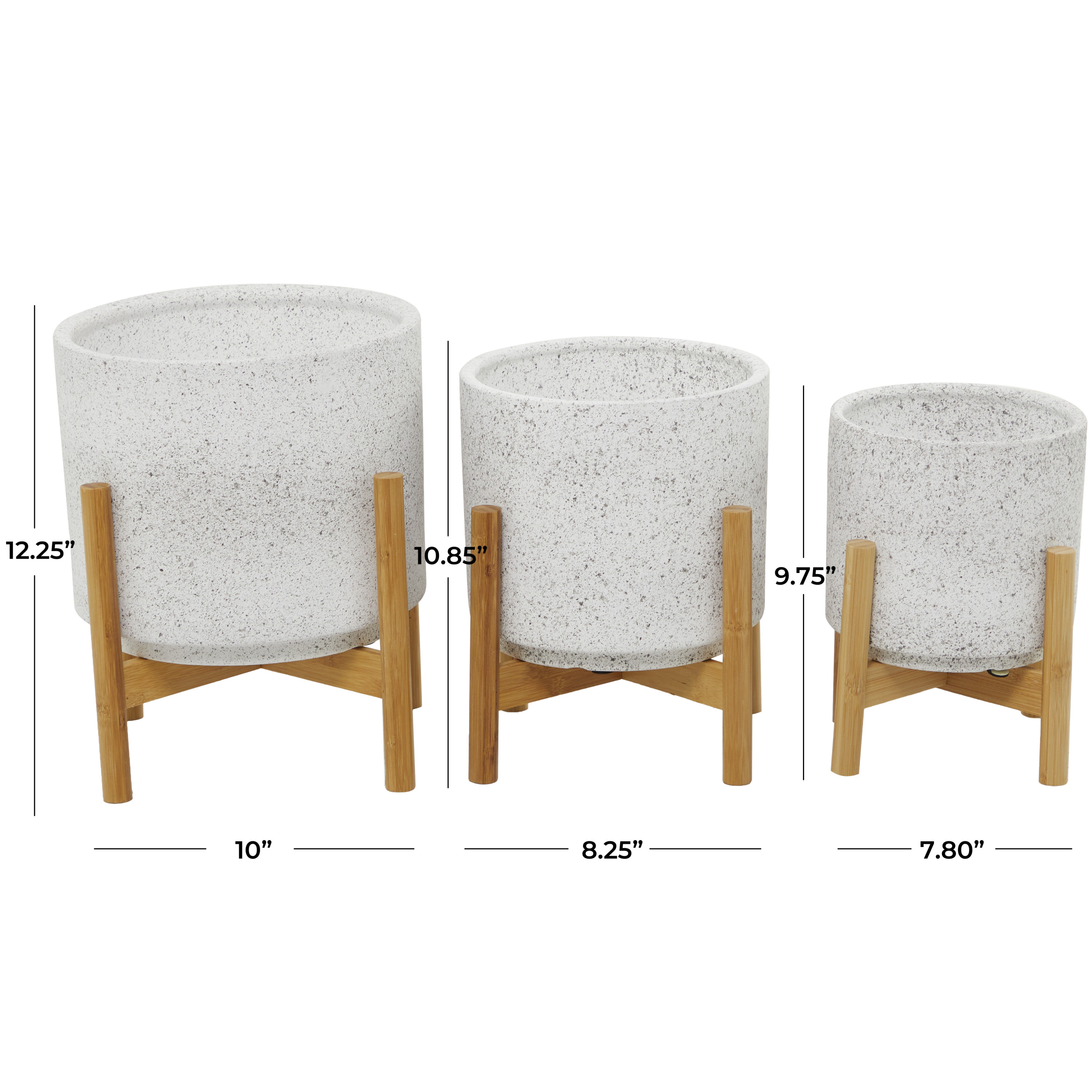 DecMode 12", 11", 10"H White Ceramic Planter with Removable Wood Stand (3 Count)