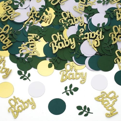 400PcsGreenery Baby Shower Confetti Scatter Decorations Safari Jungle Centerpieces Green Gold White Confetti Dots with Eucalyptus leaves for Gender Reveal Decor Nursery Centerpieces Table Decorations