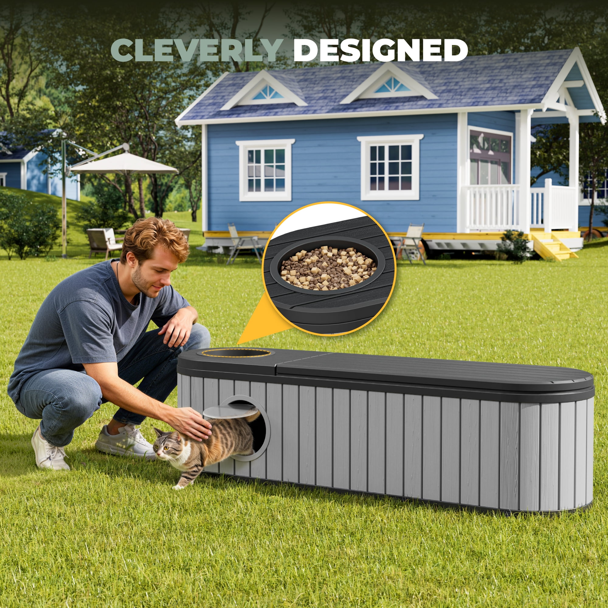 LHBcraft Cat Litter Box Enclosure,HDPE Cat Cabinet with Round Lift-Up Door,Hidden Cat Litter Box Furniture for Bedroom and Living Room,Gray