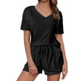 thumbnail image 3 of Hrsba Solid Color V Neck Short Sleeve Tops with Drawstring Waist Shorts 2 Piece Set for Women Summer Casual Daily Outfits, 3 of 5