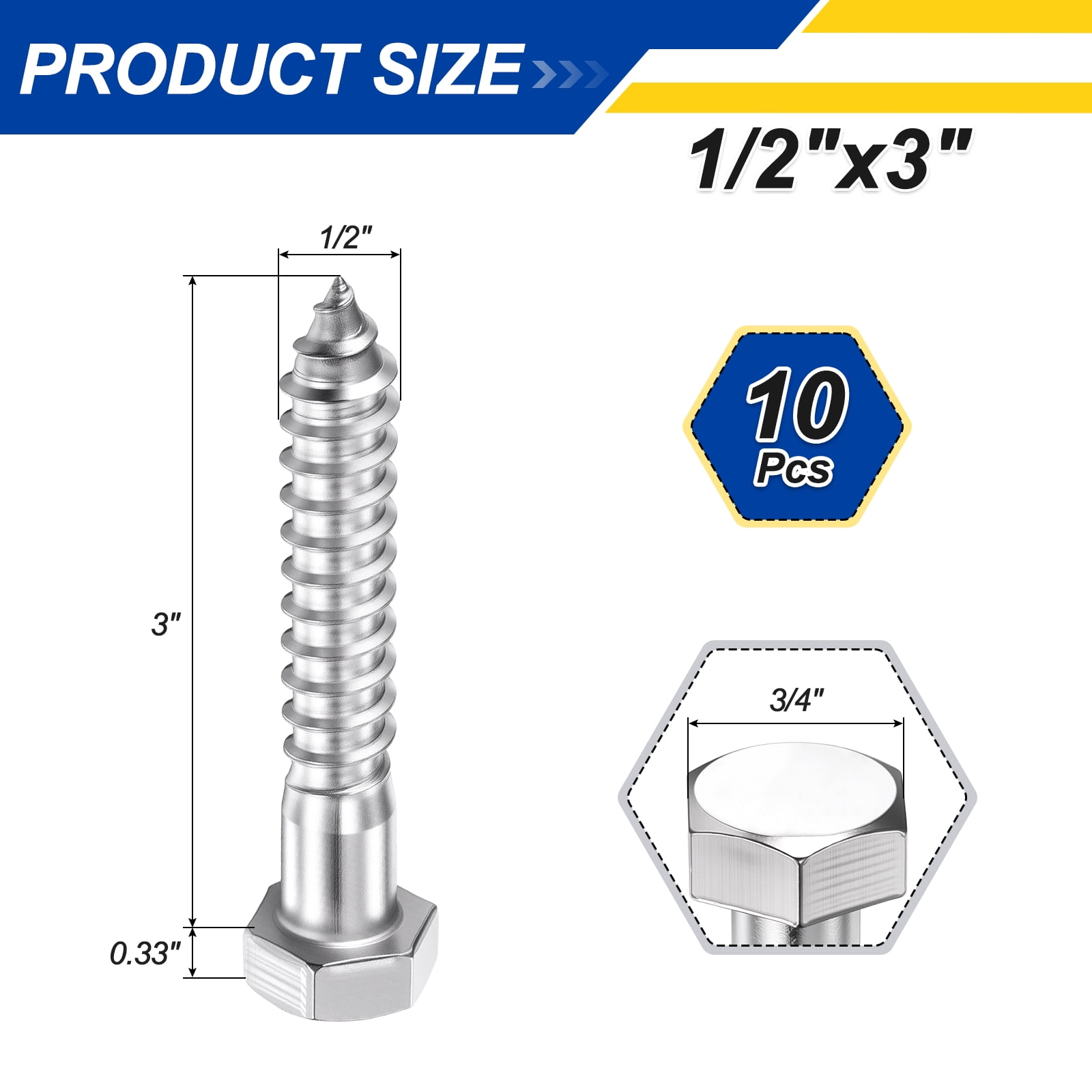 Uxcell 10 Pcs Hex Head Lag Screws - 1/2"x3" Stainless Steel 18-8 (304) Lag Bolts Hexagon Head Heavy Duty Wood Screws for Wood, Decks, Fences, Furniture, Silver