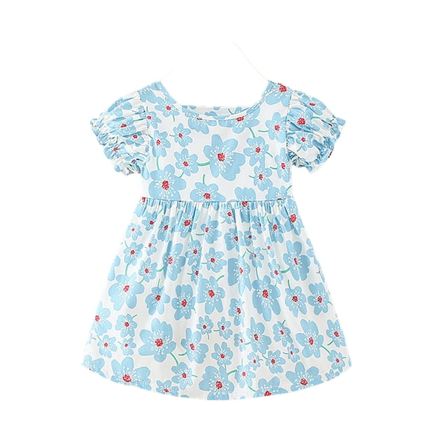 Robes Adolescentes Manches Courtes Col Rond Imprimé Vêtements Décontractés Mignons Robe Fille Bleu 5-6 Ans