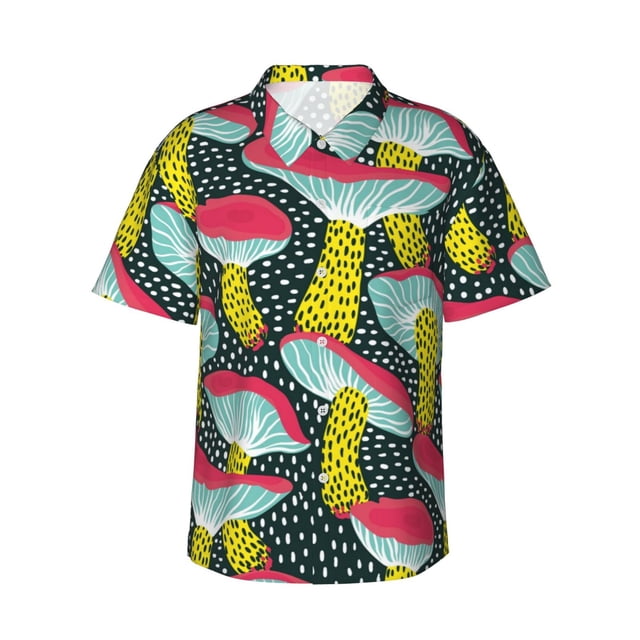 Balery Green Mushroom Camisas hawaianas de manga corta para hombre, camisas playeras de corte holgado, camisas de vacaciones con botones,Large