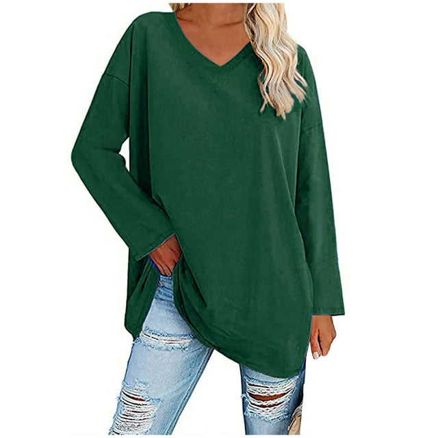 Women`s Multiple Sizes Soft Light Smooth V-neck Solid Color Long Sleeve Polyester Blouse(Green,M)