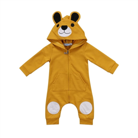FeMereina Baby Boys Girls Hooded Romper Long Sleeve Cartoon Bear Jumpsuit Zipper One-piece Playsuit Fall Spring Clothes