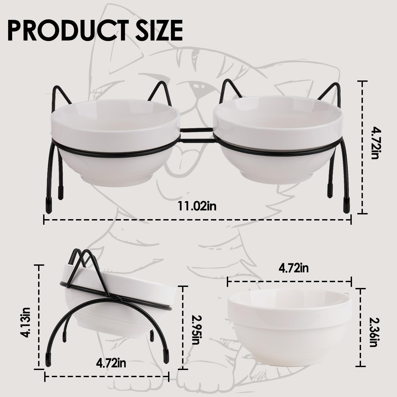 Cat Food Water Bowl Set, Double Ceramic Pet Bowls with 15°Tilted Raised Stand, Elevated Feeding Station with Two Removable Bowls, Raised Cat Bowl, Anti Vomiting Pet Dish Feeder, Kitten and Small Dogs