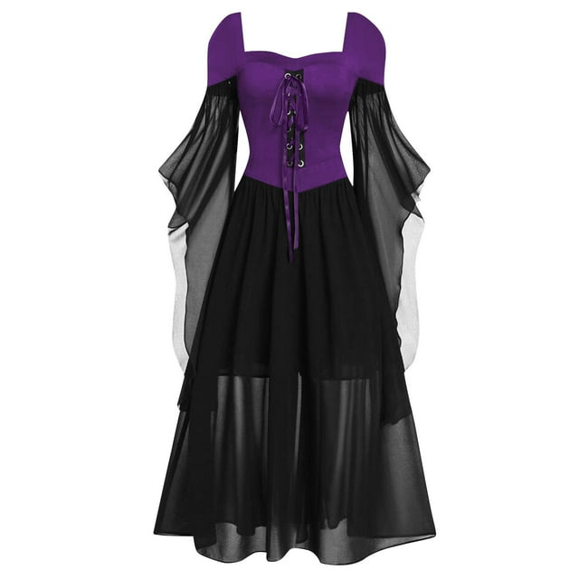 Robe Longue Médiévale en Dentelle pour Femmes, Nouvelle Robe Longue en Maille Grande Taille Gothique, Couleur Unie