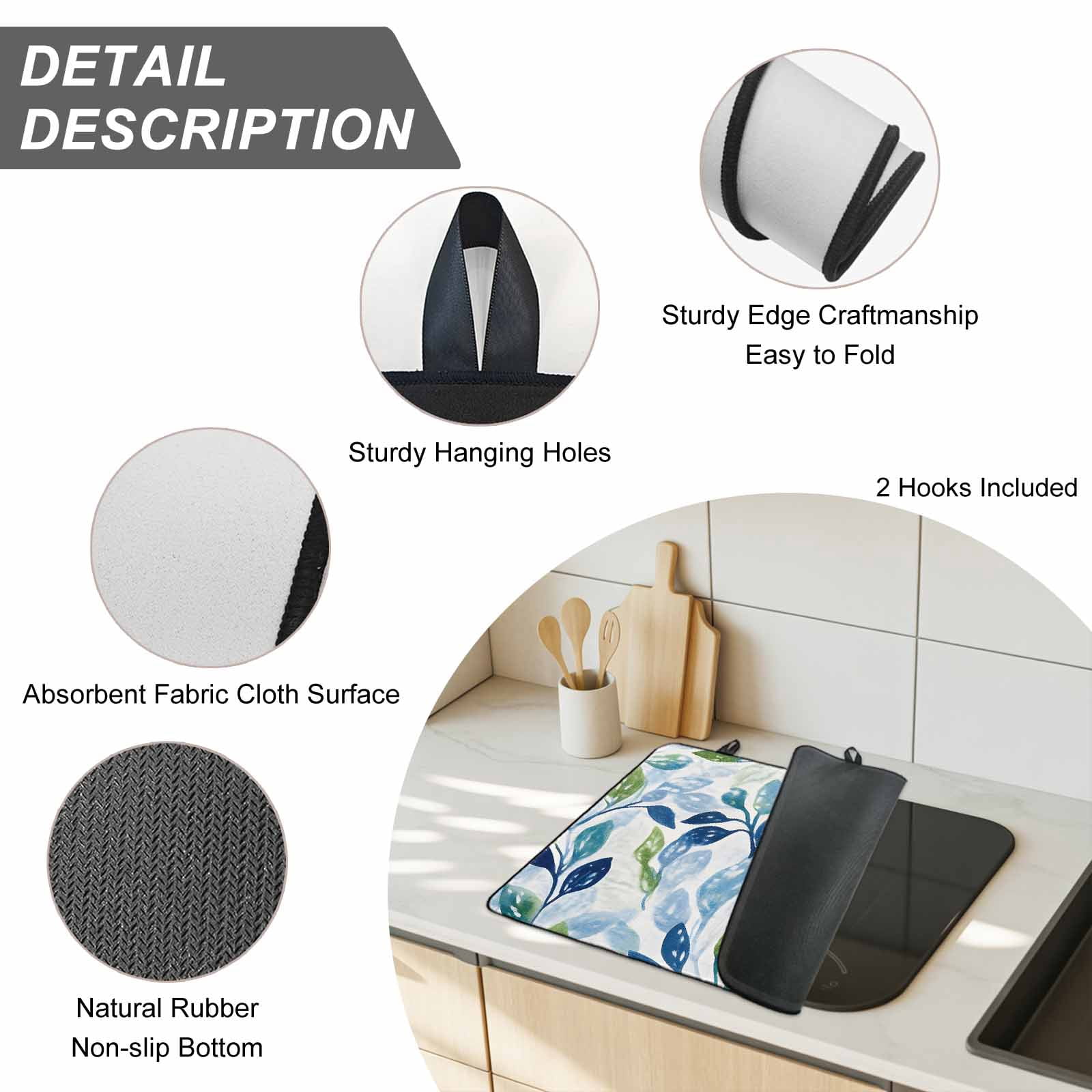 Navy Blue Leaves Stove Top Cover for Electric Stove, Heat-proof & Non Slip Glass Top Stove Cover Protector, Green Summer Botanical Kitchen Flat Cooktop Rubber Mat 24x21 Inches