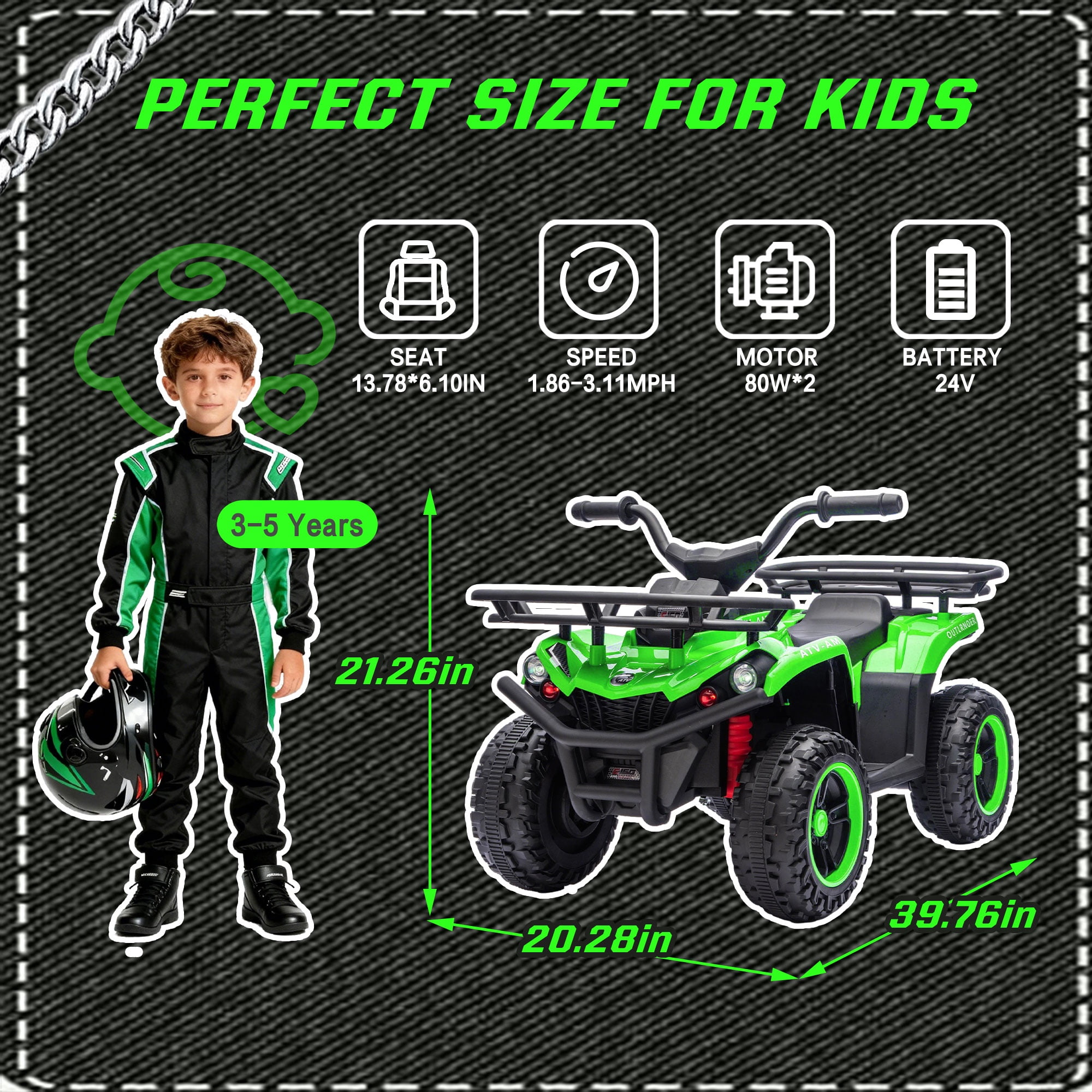 iYofe 24V Big Kids Ride on ATV Quad, Electric 4 Wheeler for Kids 3-6 with Battery Display, Anti-Slip Tires, LED Headlights, Bluetooth, MP3, Storage Racks, Gifts for Birthday & Christmas, Green