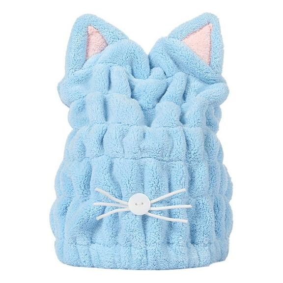 Hair Towel Cap - Cute Cat Bathroom Towel Hat, Coral Velvet Hair Towel Wrap For Women, Blue Hair Drying Towel Cap For Women & Kids, Quick Dry Hair Turban For Curly Long & Wet Hair Gift