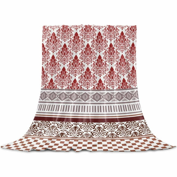 Red Boho Flannel Blanket for Bed, Geometric Stripes Middle Century Plaid Soft Cozy Warm Couch Throw Blanket, Lightweight Fluffy Plush Bedding Blankets for Sofa Decor All Season 30"x40"