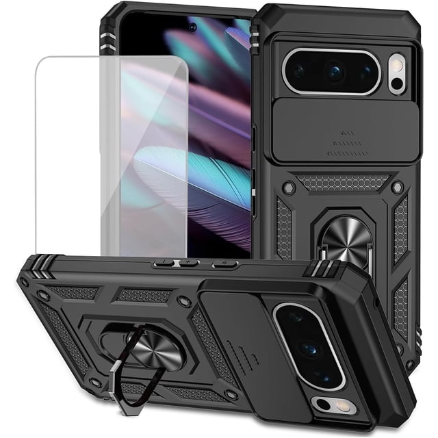 KOMI for Pixel 8 Pro Case, Google 8 Pro Case with Tempered Glass Screen Protector and Slide Camera Cover, Magnetic Ring Car Mount Holder Kickstand Protective Cases Cover for Google Pixel 8 Pro Black