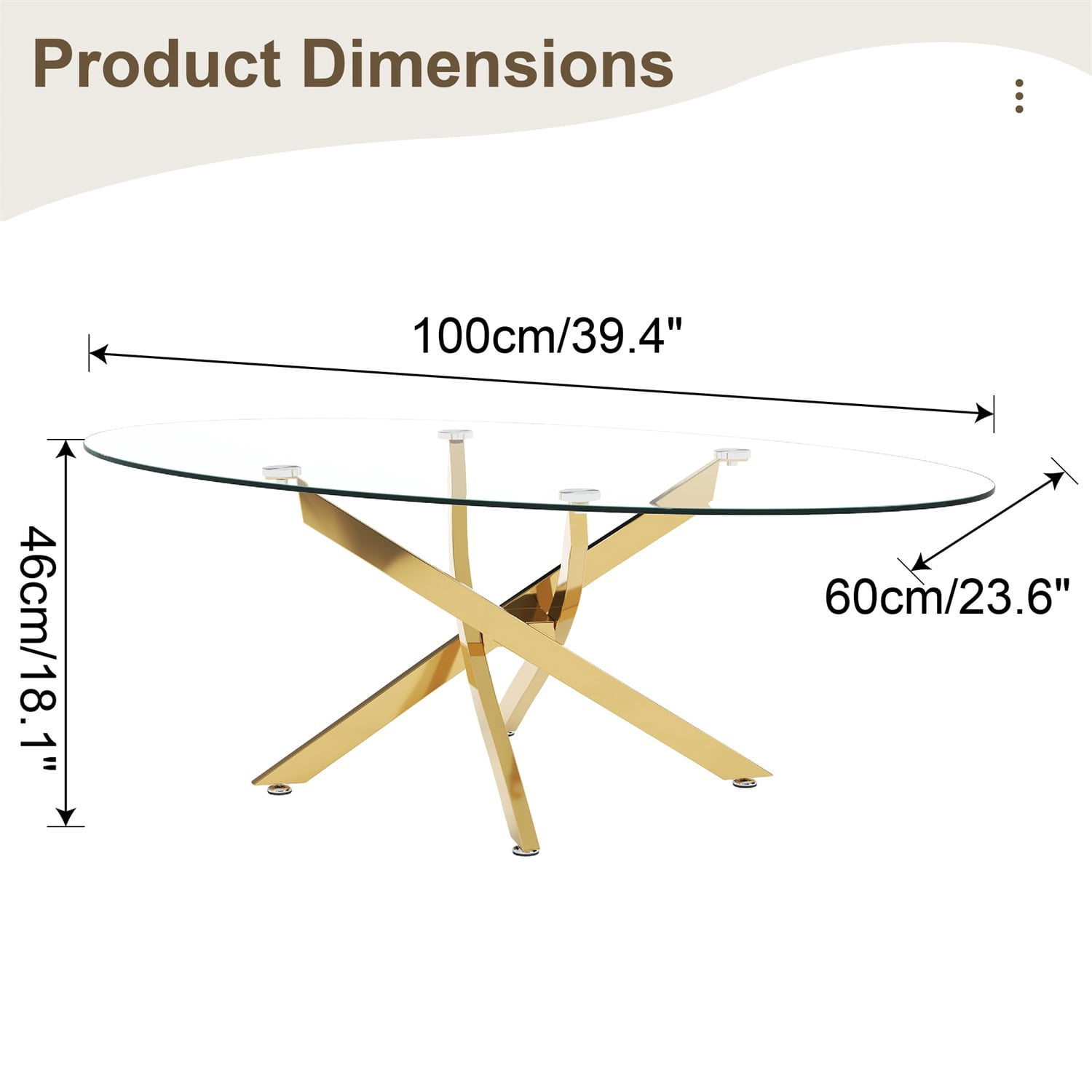 Hommoo Modern Oval Glass Coffee Table with Metal Legs, 39.4" Tempered Glass Living Room Side Table, Stylish & Sturdy Minimalist Design, Gold