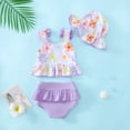 thumbnail image 3 of KIMI BEAR Newborn Baby Girl Swimsuit Sets 3-6 Months Bowknot Sleeveless Off the Shoulder Top + Ruffle Shorts + Hat 3pcs Baby Girl Bathing Suits Purple, 3 of 8