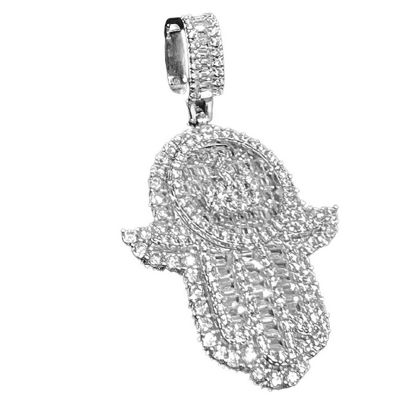 Real Solid 925 Sterling Silver of Hamsa Hand Of Fatima Allah Iced Flooded Out CZ Pendant