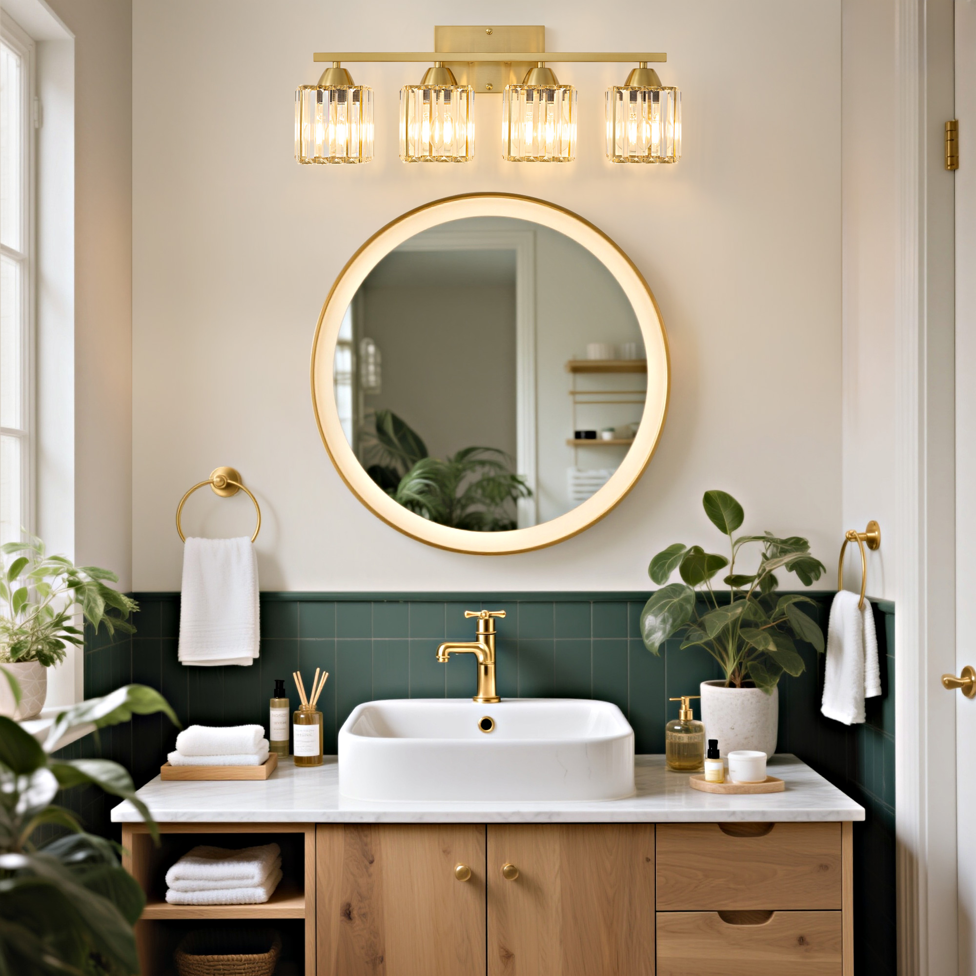 Deyidn 23.23" Modern Gold Vanity Light, 4-Light Dimmable Bathroom Light Fixture with Square Crystal Shades, for Mirror Lighting, Bathroom Wall Sconce