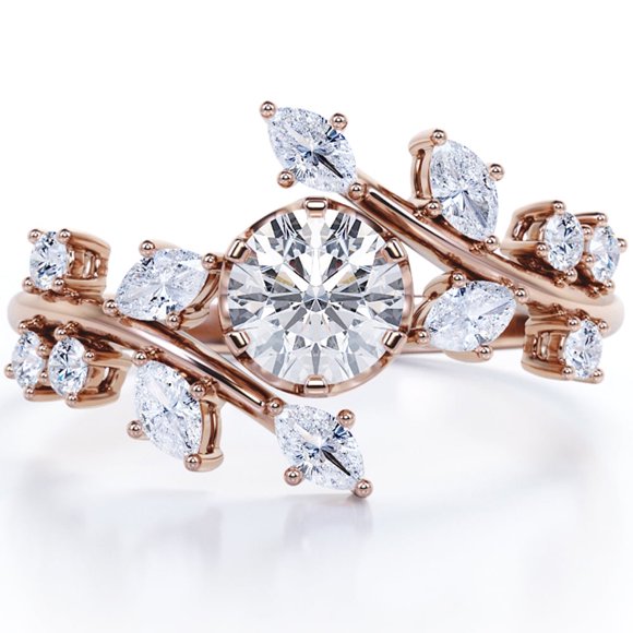 1.25CT Moissanite Round & Pear Cut D, VVS1 18K Rose Gold Plating Over Silver Prong Set Engagement Ring For Women Fine Jewelry