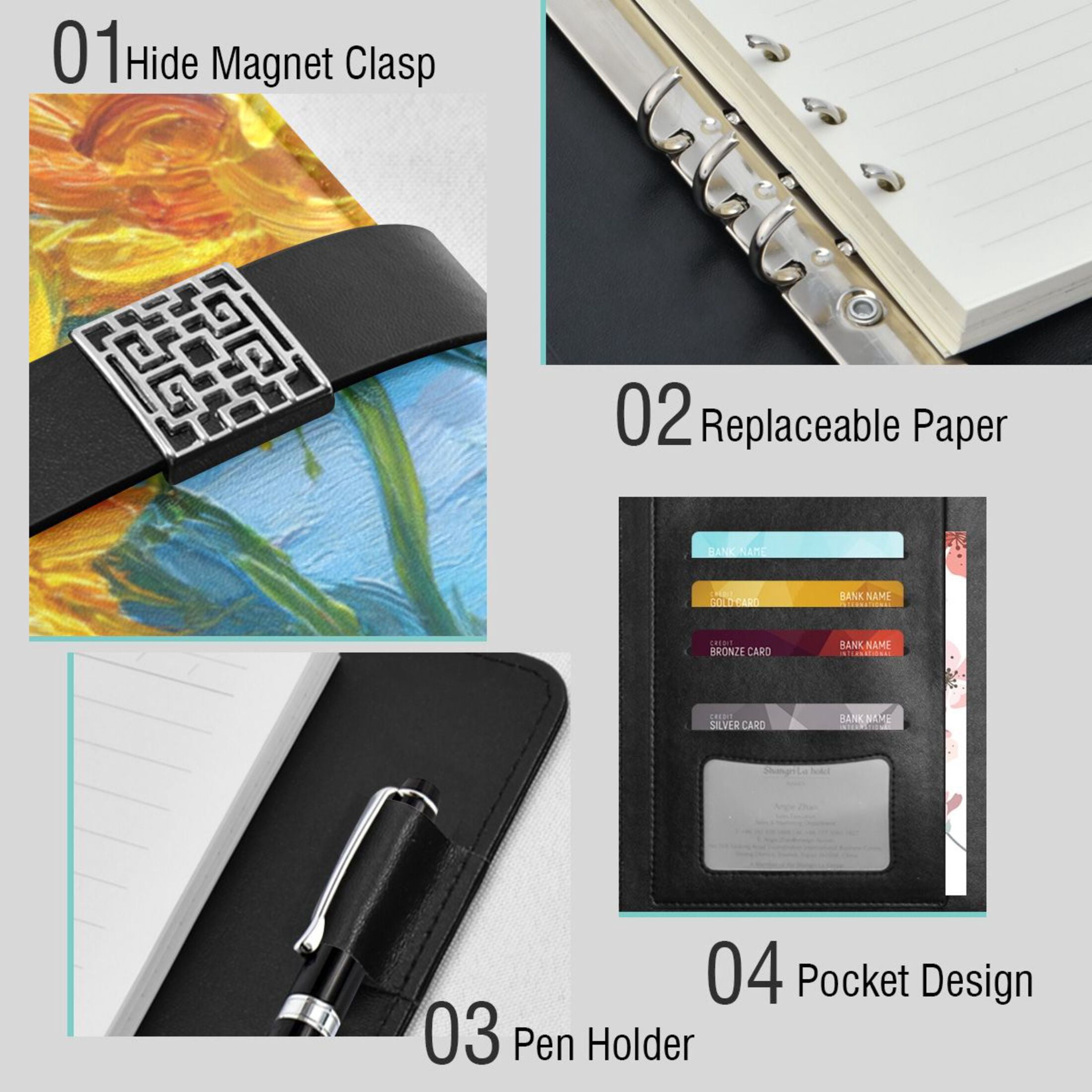 Leather Planner Leather Notebook Notebook Journal Binder Design Pen Pocket Design Convenient for Storage Yellow Sunflower Pattern