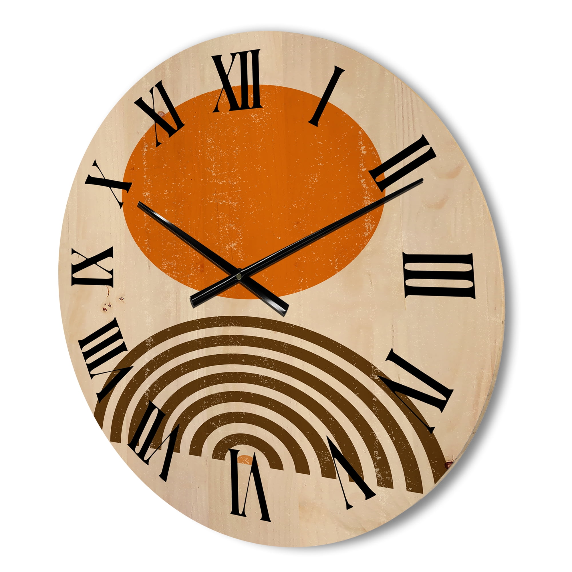 Designart 'Abstract Minimal Rainbow and Orange Sun I' Modern Wood Wall Clock