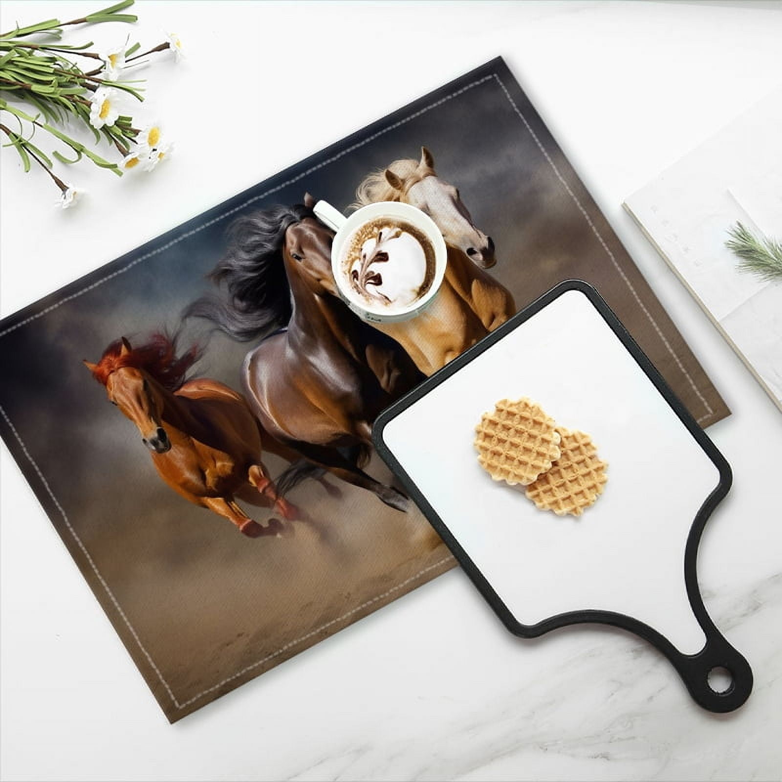 BaHomeck placemats Set of 4 rectangle Linen Cotton Placemats for Dining Table Washable Heat Resistant,18*12inch,Horses Of Different Colors Run On The Desert