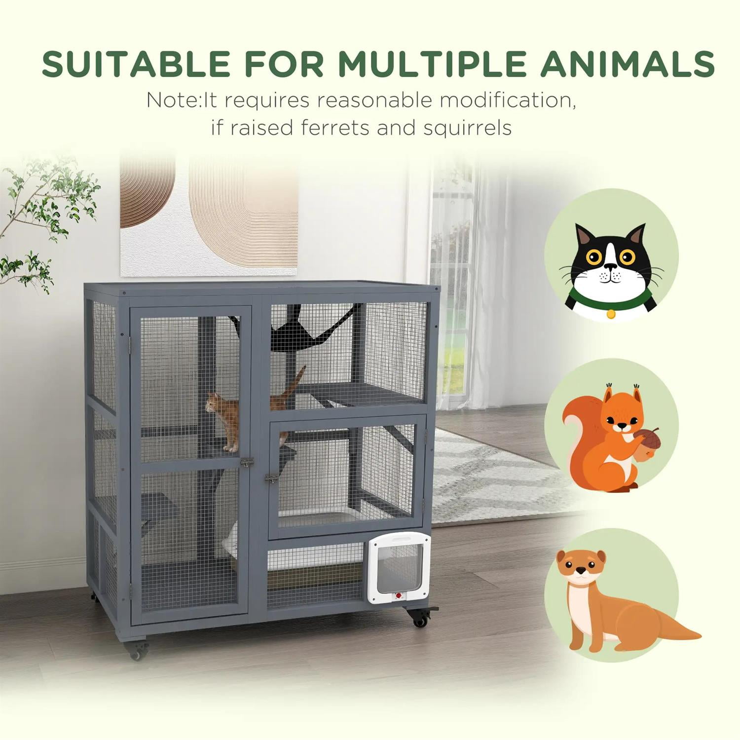 Pefilos 39" Outdoor Weatherproof Cat Cage with Openable Top, Wooden Feral House for 2-3 Kittens Cats, Indoor Cat Enclosure on Wheels, Gray