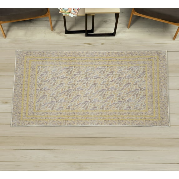 Bohemian Area Rug with Non-Slip Backing, Tribal Waves Modern and Colorful Swirls of Leaf Look Striped Pattern, Quality Carpet for Bedroom and Dorm Room, 2.6' x 5', Yellow, by Ambesonne