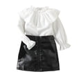 thumbnail image 1 of Gibobby Conjunto de ropa de 2 uds para bebé y niño Camiseta con volantes de manga larga para niños y niñas pequeñas, faldas con cremallera de cuero PU(Blanco, 5-6 Años), 1 of 5