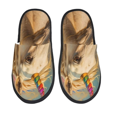 

Yiaed Rainbow White Horse Print Unisex House Slippers Slip on Warm Shoes Indoor Outdoor with Anti-slip sole-Large