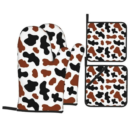 

Oven Mitts and Pot Holders Sets 4 pcs Cowboy black brown cow print Non-Slip Oven Gloves Potholders Soft Quilted Lining Heat Resistant Gloves Hot Pads for Kitchen Cooking Baking