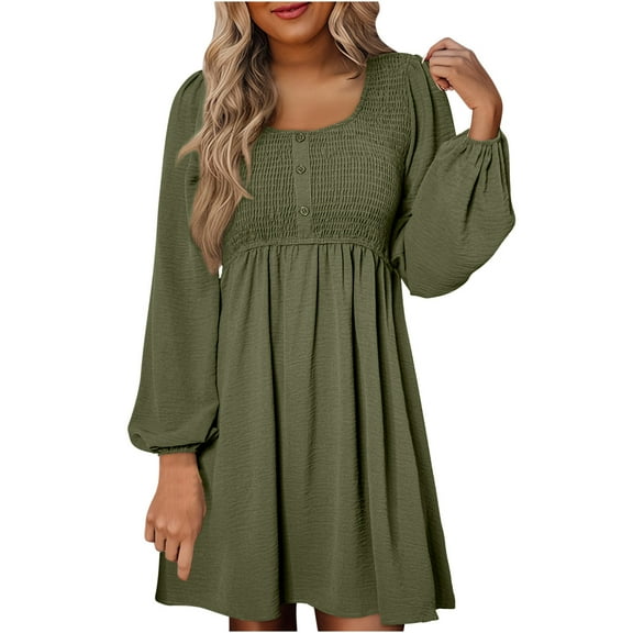 Ygbgbb Women's Elegant Casual Solid Color Long Sleeved Round Neck Dress (Army Green,L)