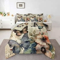 Manfei Retro Butterfly Bedding Comforter Set,Vintage Rustic Flower Twin Comforter Sets,Natural Theme Bedding Set For Girl Kids,Breathable Home Decor Reversible,2 Pieces