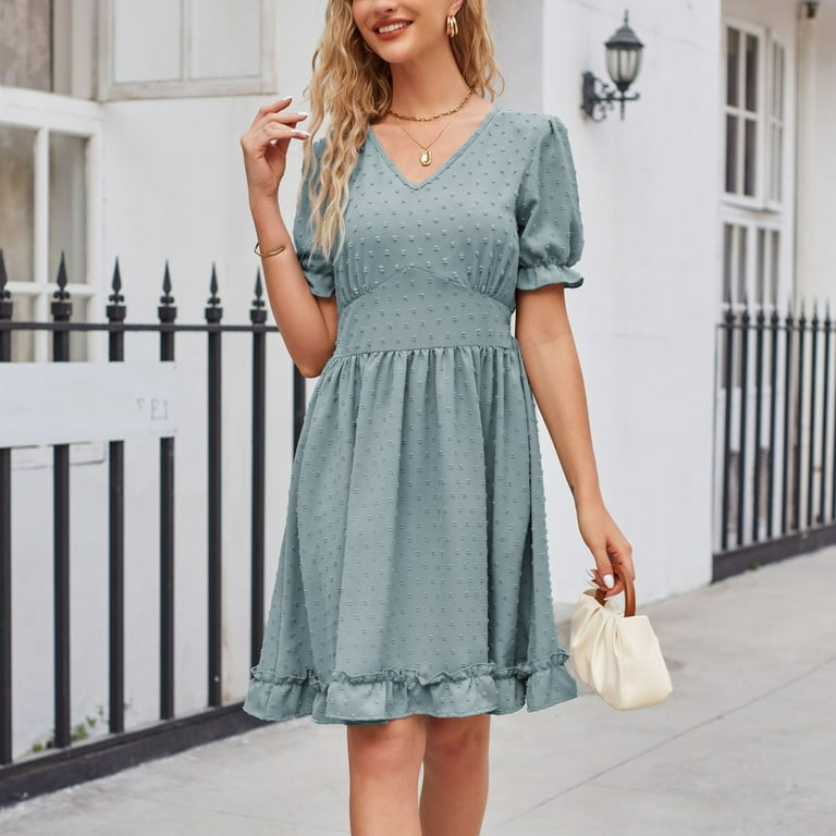 Weiqiqre Womens Plus Size Dresses Smocked Short Sleeve V Neck Chiffon Mini Dress Summer Dot Flowy Short Dress Weiqiqre Womens Plus Size Dresses Smocked Short Sleeve V Neck Chiffon Mini Dress Summer Dot Flowy Short Dress