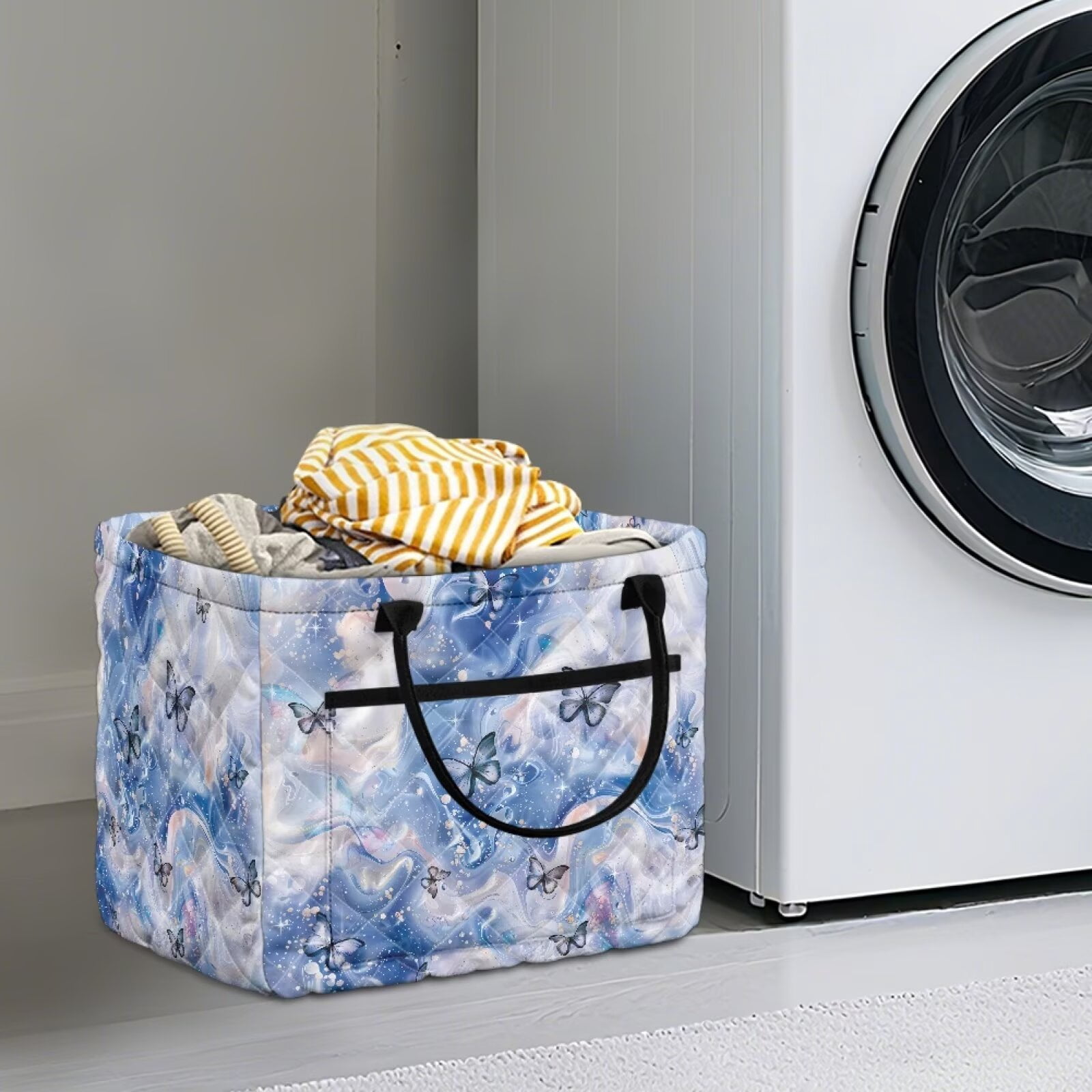 Yuyamidu Blue Marble Butterfly Quilted Laundry Basket with Easy Carry Handles Large Capacity Laundry Basket Nursery Organizer Bin for Home, Picnic, Shopping, Travel