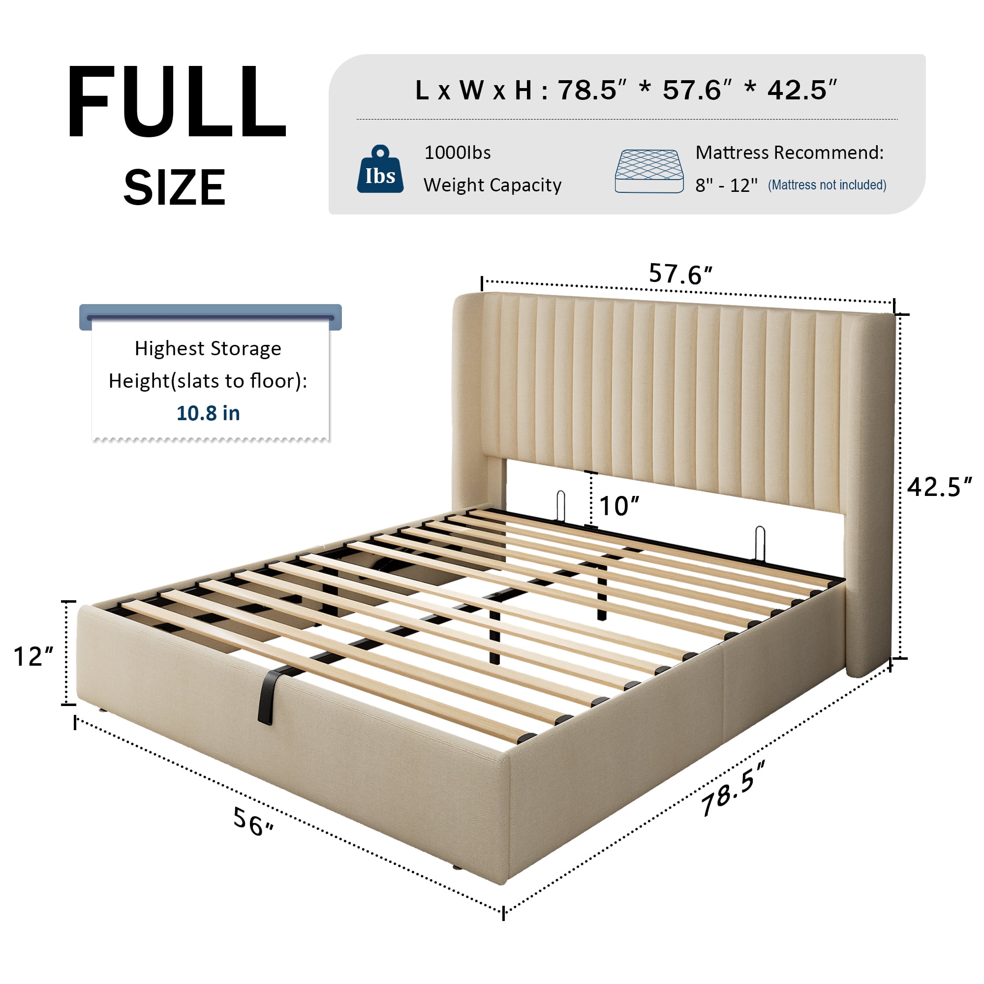 Einhomn Full Size Lift Up Storage Bed With Wingback Headboard, Upholstered Platform Bed Frame with Hydraulic Storage, Linen Fabric, No Box Spring Needed,Beige