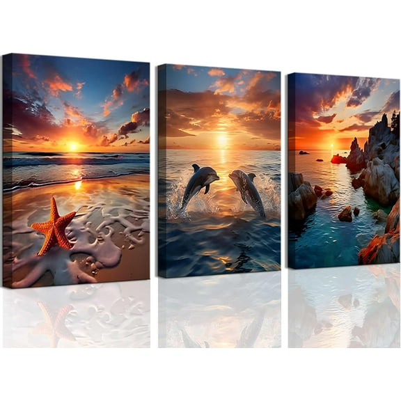 3 Pcs Orange Beach Scenery Wall Art Ocean Sunset Posters Wall Decor Pictures Starfish Dolphin Canvas Prints Paintings for Living Room Dining Room Office Bathroom Artwork Home Decoration Unframed