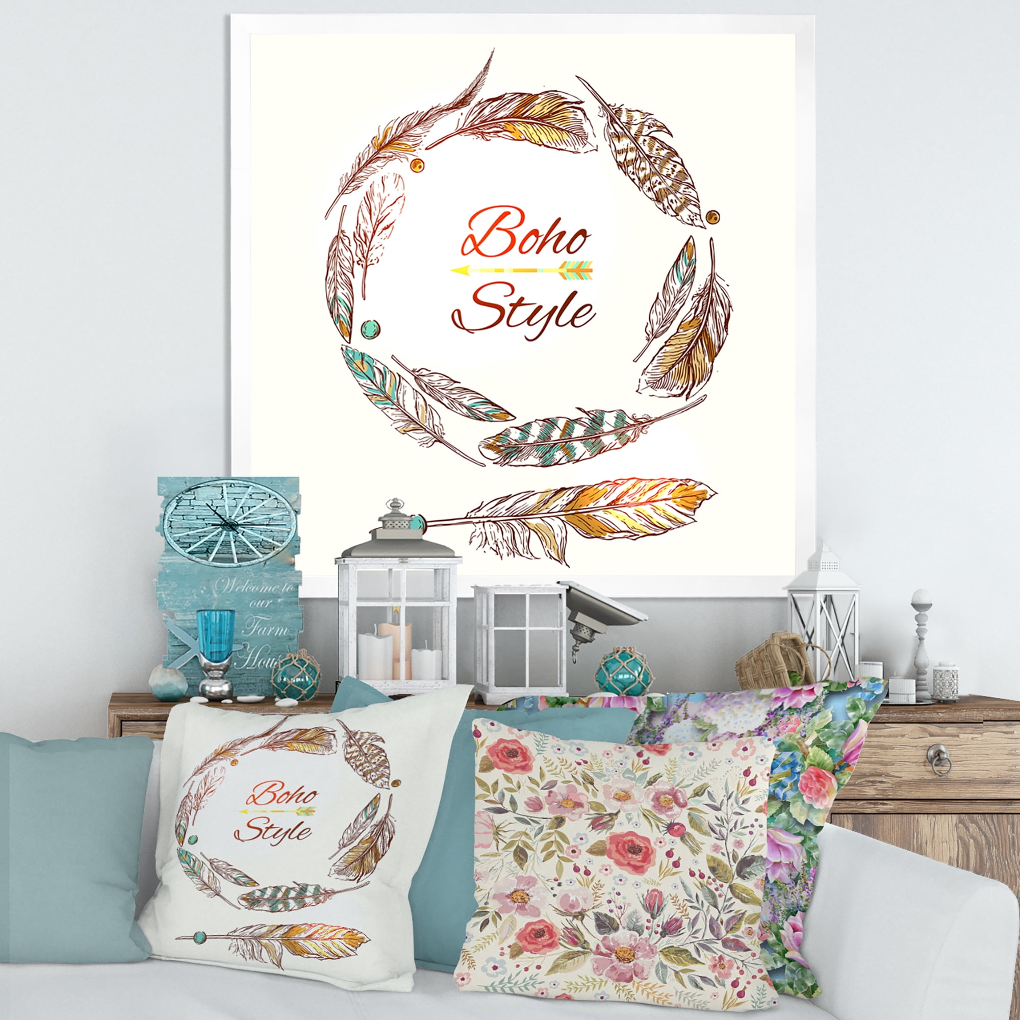 Designart 'Wreath Of Ethnic Beige Boho Feather' Bohemian & Eclectic Framed Art Print