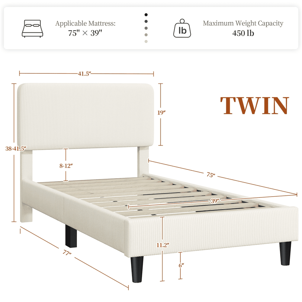 Renwick Upholstered Platform Bed with Adjustable Headboard, Twin, Beige