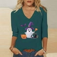 thumbnail image 2 of aohooy Womens Halloween Tops Loose 3/4 Sleeve Funny Graphic T-Shirts Casual V Neck Witch Pumpkin Ghost Tunic Tops Navy,XXXXL, 2 of 5