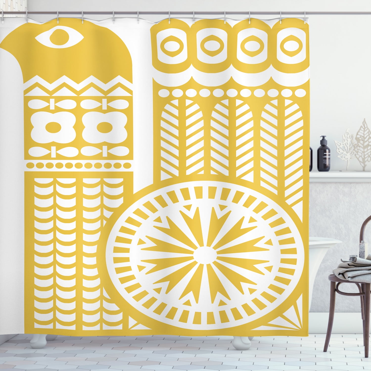 Yellow and White Shower Curtain, Abstract Bird in Scandinavian