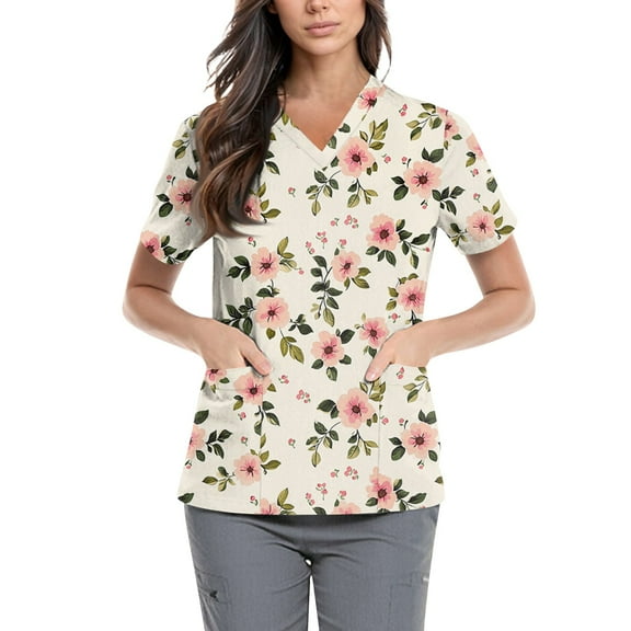 Scrub Uniforms for Women,Floral Print Scrub Tops - Side Pocket Design for Nurses & Healthcare Workers - Beige - L