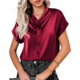 thumbnail image 2 of Blusa con cuello en V y manga corta con un solo pecho, color puro, blusa holgada y ajustada para mujer, color burdeos M, 2 of 5