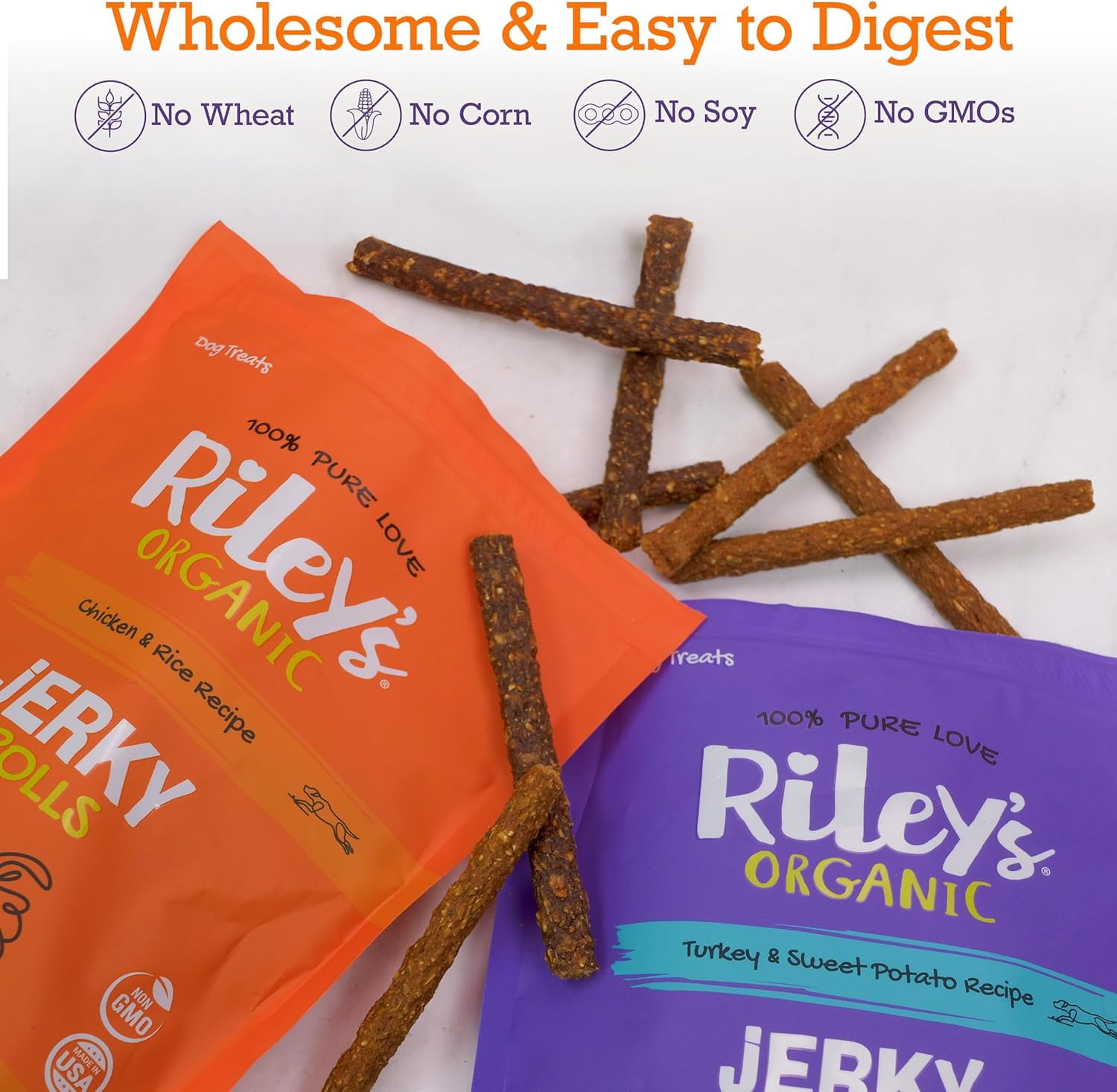 Riley's Rice & Chicken Jerky Dog Treats - Non-GMO, High Protein, All Natural Dog Chews - Training Treats for Small & Large Dogs - Easy to Break into Bite-Sized Pieces - 10oz