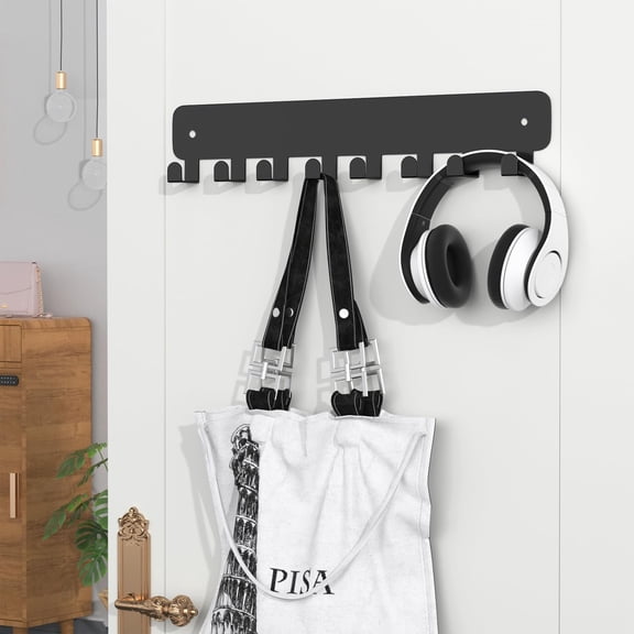 Key Holder Wall Mount, Adhesive Key Rack with 8 Hooks Hanger for Car Key Ring, Metal Key Chain Organizer, Black